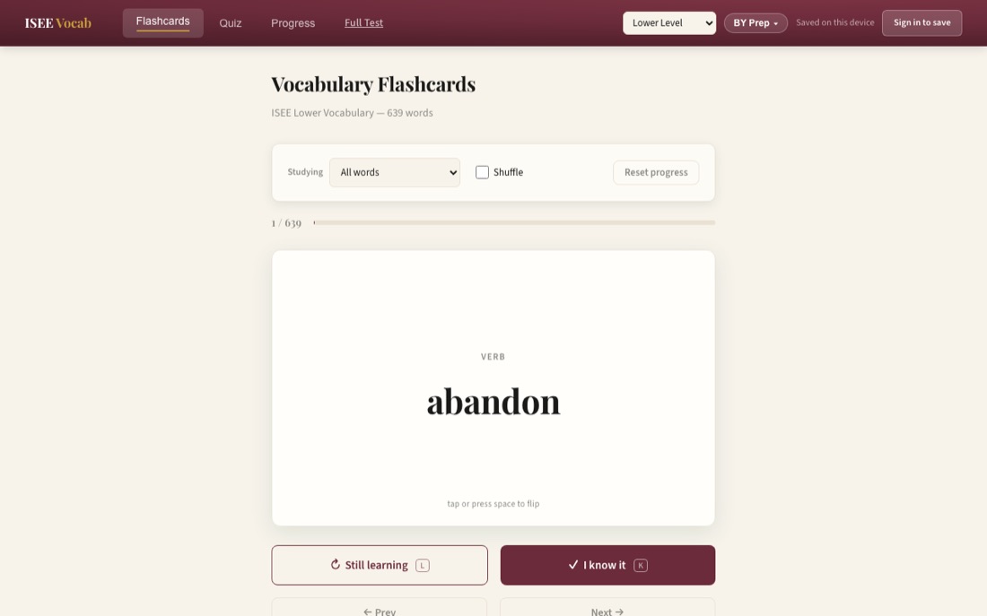 ISEE Vocab flashcard screen showing the word 'abandon' with Still learning and I know it buttons