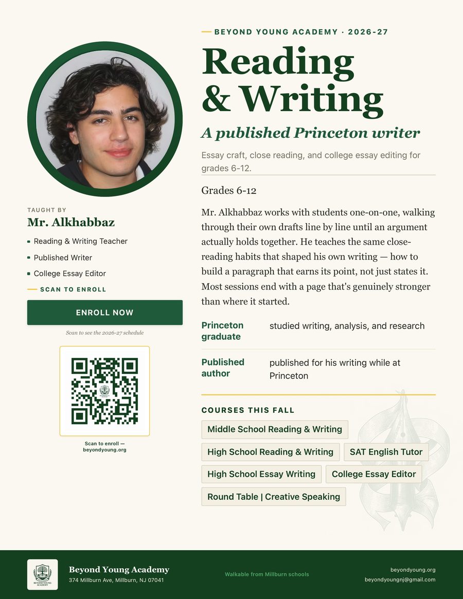 Mr. Alkhabbaz — Reading & Writing poster, Grade 6 through 12, Beyond Young Academy 2026-27
