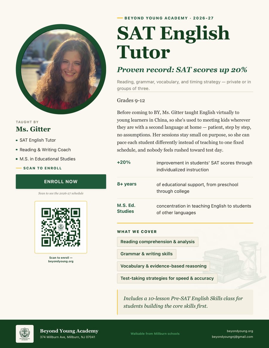 Ms. Gitter — SAT English Tutor poster, Grade 9 through 12, Beyond Young Academy 2026-27