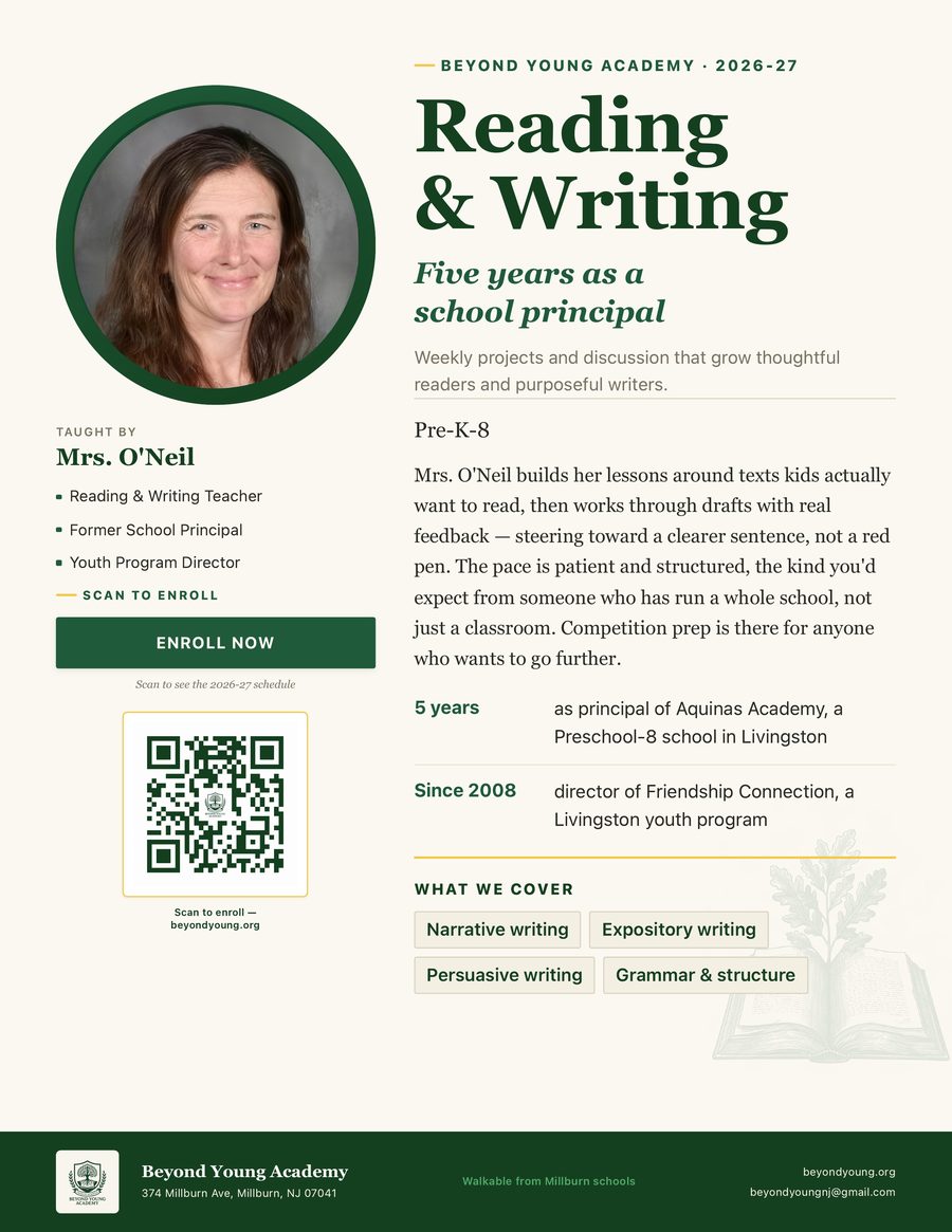 Mrs. O'Neil — Reading & Writing poster, Pre-K through Grade 8, Beyond Young Academy 2026-27