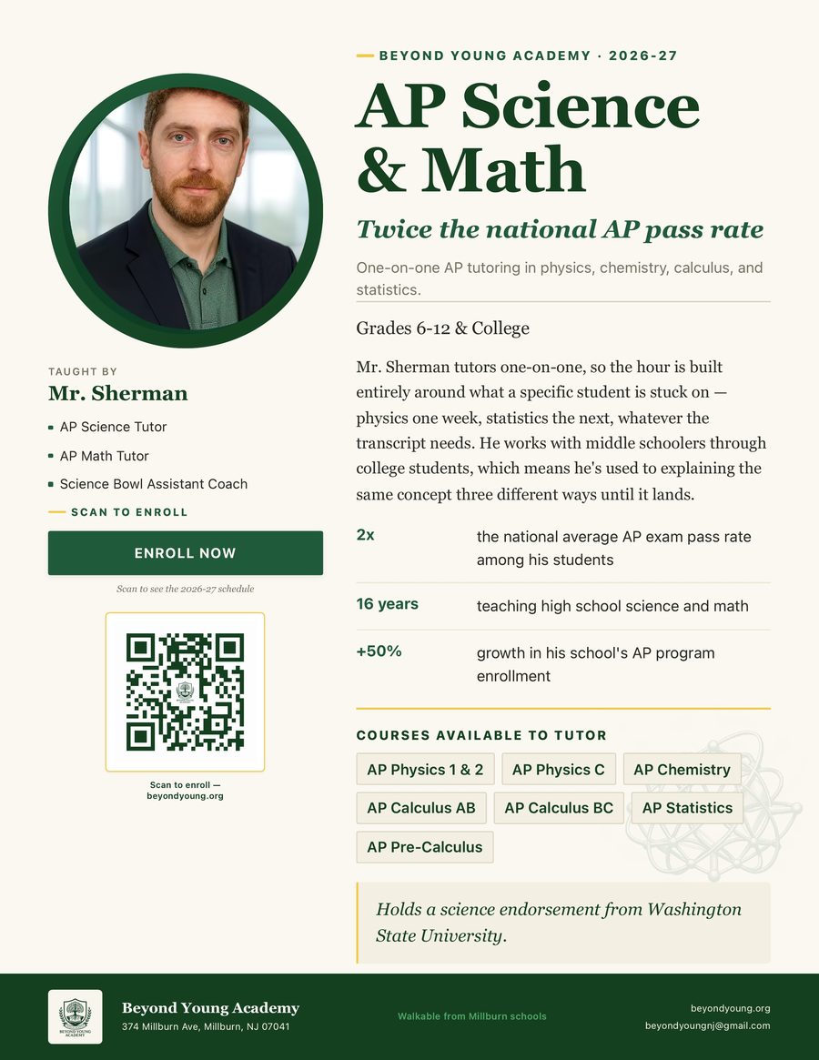 Mr. Sherman — AP Science & Math poster, Grade 6 through 12 and college, Beyond Young Academy 2026-27